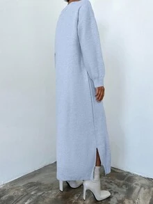 EURMUSE Women's Casual Round Neck Loose Fit Drop Shoulder Sweater Dress - Baby Blue - View 2