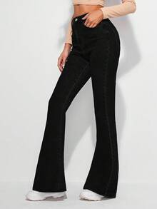 SHEIN Frenchy Quần Jeans Ống Loe Túi Xiên Viền Thô Cổ Điển - màu đen - Xem 3
