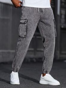 Manfinity Homme Pantalones vaqueros casuales y versátiles para hombres con cintura con cordón y bolsillos