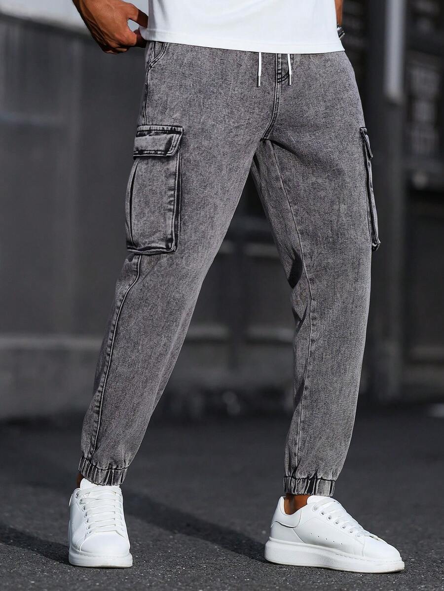 Manfinity Homme Pantalones vaqueros casuales y versátiles para hombres con cintura con cordón y bolsillos