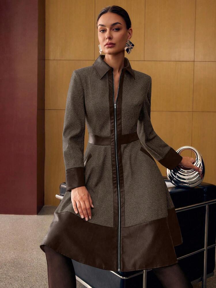 WOMEN'S NEW ELEGANT AUTUMN OVERCOAT, WAIST CINCHED WITH PU LEATHER PATCHWORK