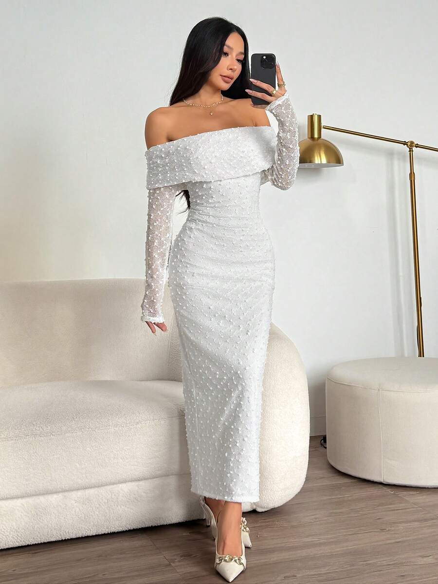 SHEIN PETITE Váy dài tay ôm dáng vải jacquard họa tiết hở vai màu mơ, thích hợp cho những buổi hẹn hò lãng mạn và kỳ nghỉ, váy tốt nghiệp màu trắng - trắng - Xem 1