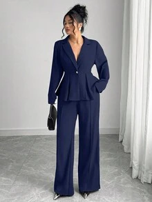 Elenzga 两件套加大码女士优雅西装外套和喇叭裤套装，时尚修身，适合办公室穿着，女士西装裤套装，商务休闲两件套，适合婚礼等场合。 - 藏蓝色 - 查看 4