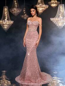 Glamrae Vestido Elegante e Luxuoso com Ombros à Mostra, Corrente de Pérolas Falsas, Costura em Espinha de Peixe, Sereia Sexy com Barra Rastejante, Adequado para Casamentos, Festas, Férias, Bailes, Ocasiões Formais (Resistente) - Rosa empoeirado - Visão 7