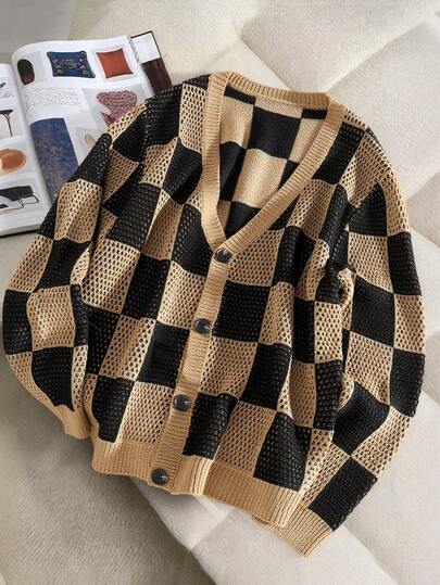 Manfinity Homme كارديجان رجالي كاجوال ذو نمط مربعات خريفي أحادي الصدر مفرغ