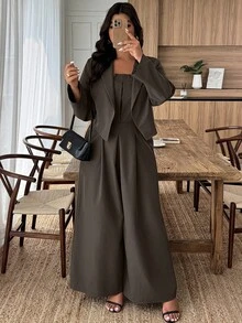 Weeklong 大码女式纯色翻领长袖西装外套和褶裥阔腿连体裤休闲两件套，秋季 - 咖啡棕 - 查看 6