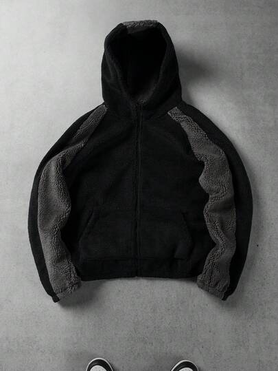 Manfinity Homme Men's Casual Fashion Street Two-Tone Zip-Up Hooded Teddy Fleece Jacket, Autumn/Winter