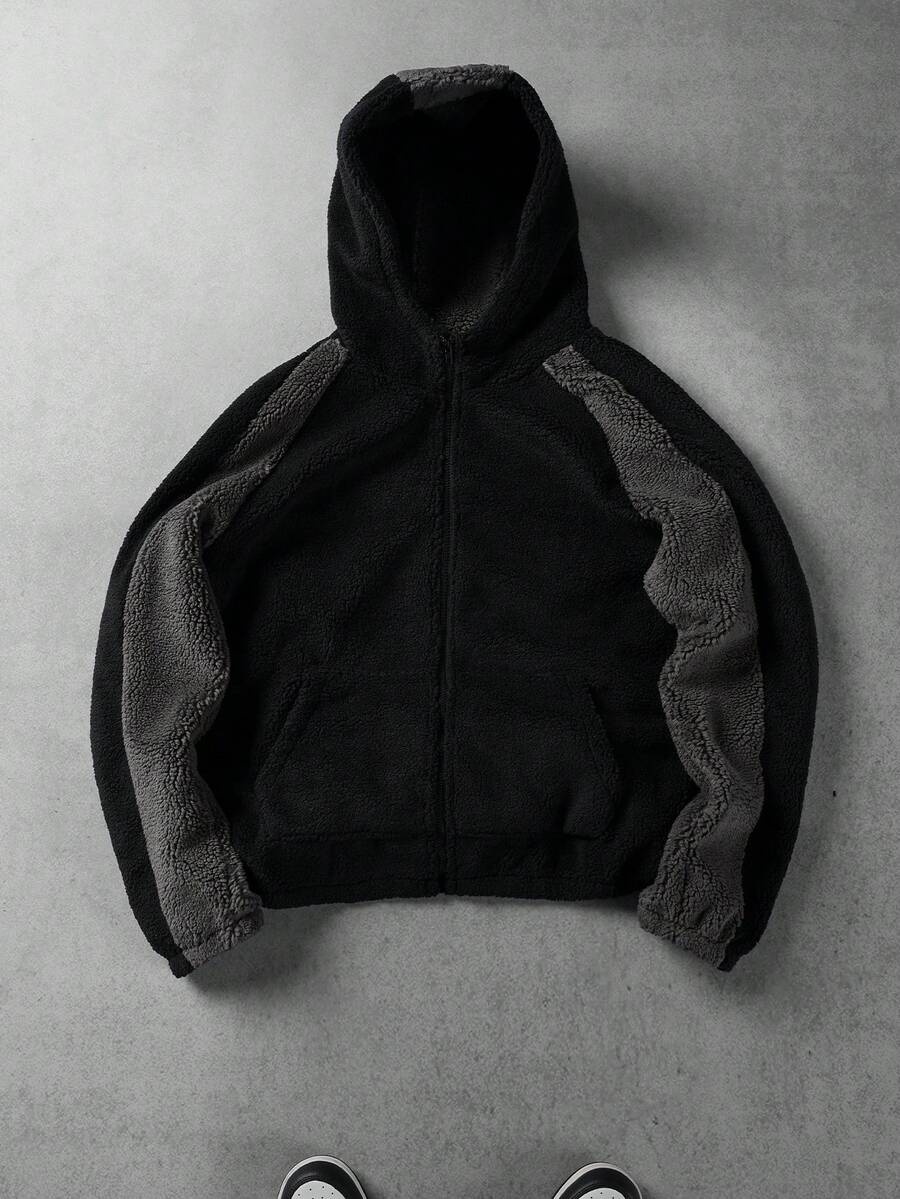 Manfinity Homme Men's Casual Fashion Street Two-Tone Zip-Up Hooded Teddy Fleece Long Sleeve Jacket, Autumn/Winter - Multicolor - View 1