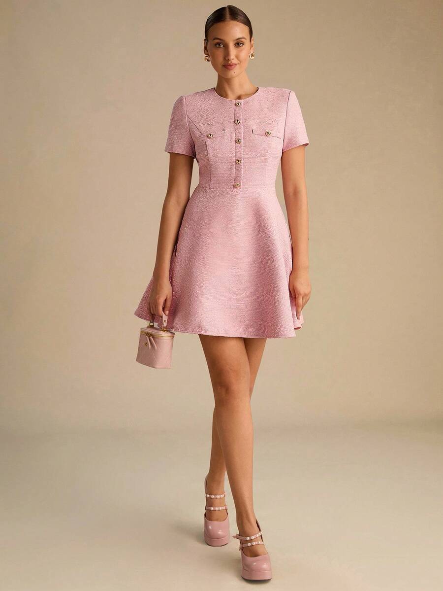 Enchnt Vestido elegante de mujer de unicolor con cuello redondo, manga corta y diseño de botones