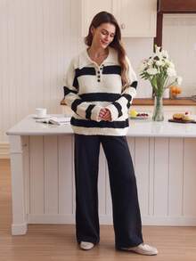 Louniche Lässiger, minimalistischer, weit geschnittener Strickpullover mit dicken Streifen und Umlegekragen für Frauen - Verschiedenfarbig - Übersicht 4