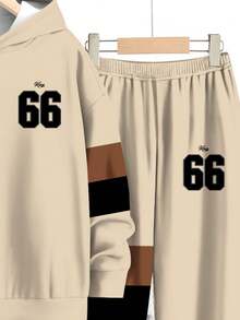 Tween-Jungen 2 Stücke Lässig Classic Farbblock Patchwork, Nummer 66 & König Text Grafik Muster Langarm Kapuzenpullover und Jogginghose Set, bequem für Herbst/Winter