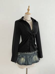 Elamini 1 件黑色 V 领纽扣条纹长袖休闲性感修身女式衬衫，适合通勤和日常穿着，冬季 - 黑色 - 查看 4