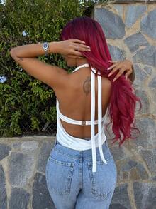 Bearsaez Women Front Twist Metal Flower Decor Deep Draped Neck Halter Bodycon Top,Rave Top - White - View 2