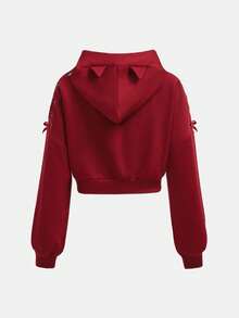 SHEIN Girlism Áo nỉ dài tay có mũ trùm đầu hình tai mèo màu đen phong cách đường phố dành cho bé gái tuổi teen, áo nỉ ngắn tay màu đỏ cho mùa thu/đông, áo nỉ có nơ cho bé gái. - Màu Đỏ Sâu - Xem 2