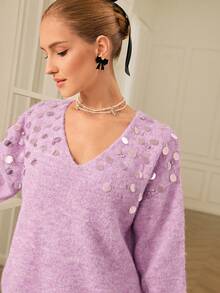 Chiquease Romantic V-Neck Loose Sequin & Rhinestone Embellished Floral Mesh Sweater For Women, Comfortable Pullover - Purple - View 1
