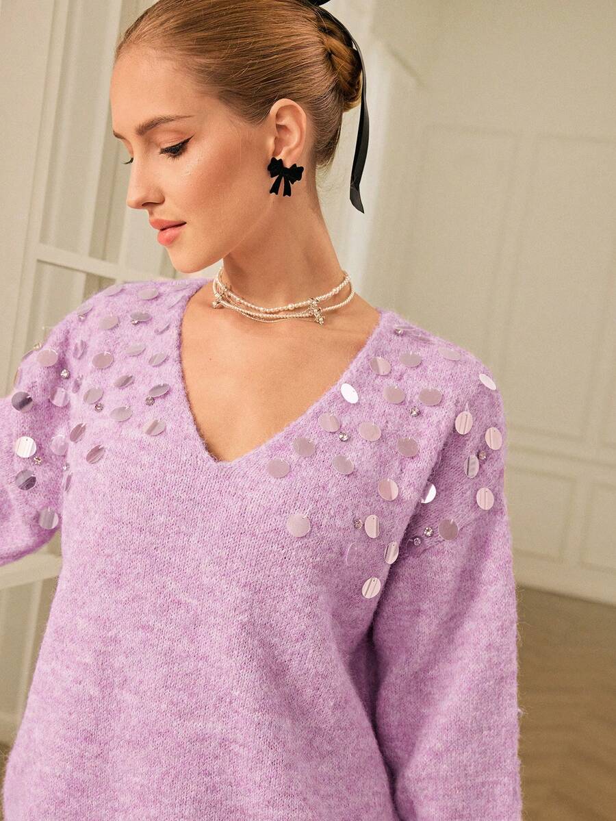Chiquease Romantic V-Neck Loose Sequin & Rhinestone Embellished Floral Mesh Sweater For Women, Comfortable Pullover - Purple - View 1