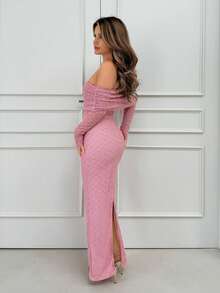 Jemour Apricot Open Shoulder Textured Jacquard Fabric Long Sleeve Fitted Dress, Suitable For Romantic Dates And Vacation - Pink - View 4