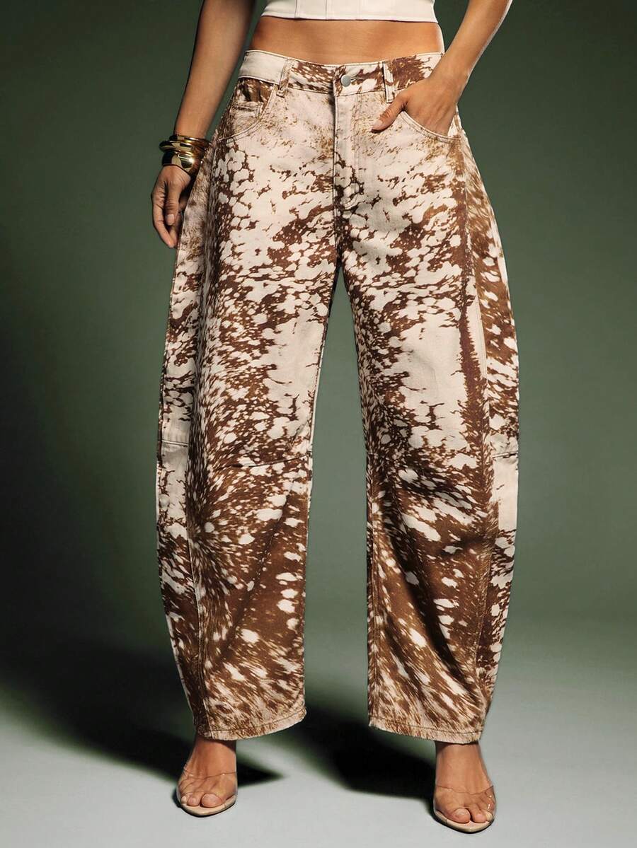 Denimoi Fall Casual Slant Pocket Streetwear Barrel Leg Jeans - Coffee Brown - View 1