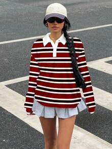 SHEIN EZwear 休闲简约学院风拼色条纹全身印花女式半拉链 Polo 领长袖宽松 T 恤，适合秋冬季、复古/怀旧、性感、可爱、Y2K、椰子女孩、波西米亚风、嬉皮士、音乐节 - 酒紅色 - 查看 4