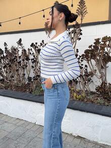 Andrea Bello 女士条纹长袖修身休闲套头衫，秋冬季，长袖上衣 - 藍白色 - 查看 5