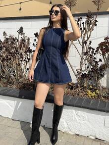 Andrea Bello Vestido vaquero mini con espalda descubierta sexy, para verano - Azul - Ver 1