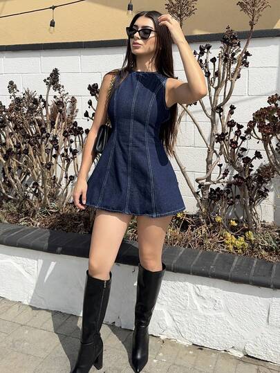 Andrea Bello Vestido vaquero mini con espalda descubierta sexy, para verano