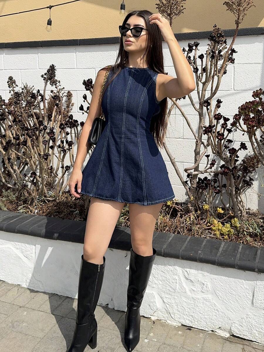 Andrea Bello Vestido vaquero mini con espalda descubierta sexy, para verano - Azul - Ver 1