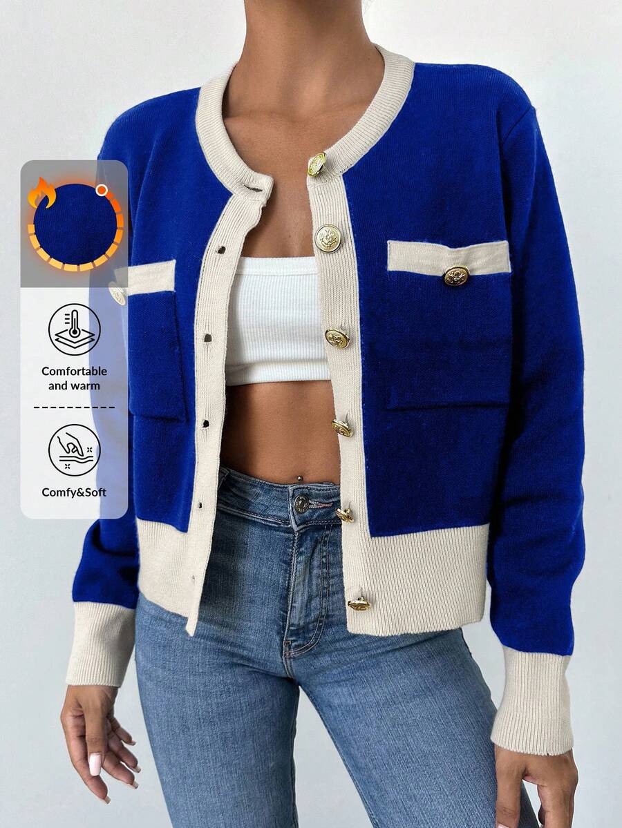 SHEIN Cottnline Contrast Trim Pocket Patched Button Front Cardigan - Blue - View 1