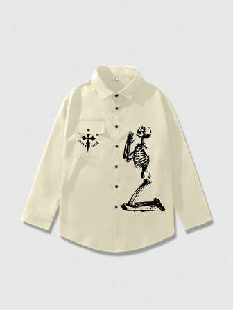 Goth Camicia casual da uomo con stampa di scheletro e croce, manica lunga a goccia, vestibilità ampia, adatta per primavera, autunno e Ognissanti