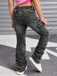 SHEIN Jeans azules de mezclilla elástica con pliegues para niña joven SLAYR - Negro - Ver 2