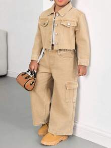 2pcs/Set Young Girl Khaki Denim Lapel Long Sleeve Jacket And Loose Pants,Fall Clothes,Winter Clothing ,Casual And Fashionable Vacation Outfits,2000s Style ,Halloween Denim Jeans ,Christmas - Khaki - View 5