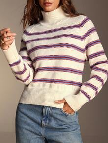 SHEIN Unity Classic Striped Turtleneck Long Sleeve Knit Sweater, Soft Vibe, Autumn/Winter - Multicolor - View 7
