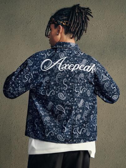 AXEPEAK Camisa vaquera de manga larga con estampado de paisley, holgada y casual para hombre