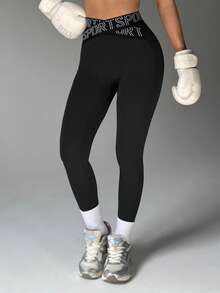 Easithlete 字母印花高腰彈性瑜珈褲，帶有臀部提升效果，適合健身