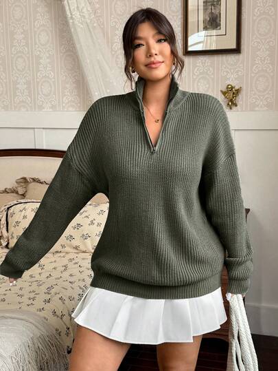 Vionelle 大码女式针织半拉链立领毛衣，时尚休闲复古宽松套头衫