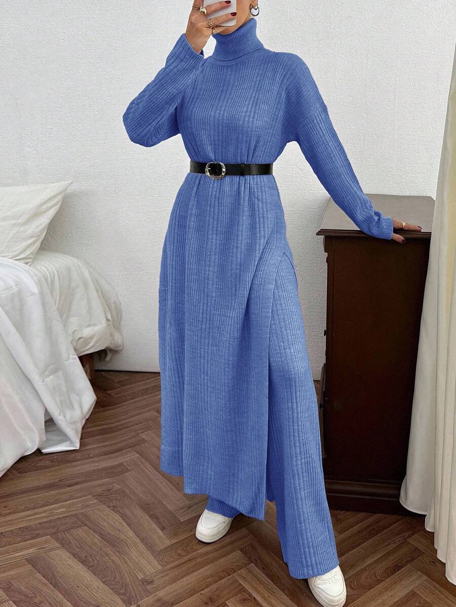EURMUSE Women Solid Color Rib Knit Turtleneck Slit Detailed Long Sweater Dress & Sweater Pants Set - Dusty Blue - View 1