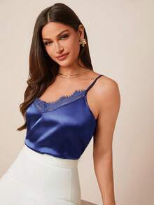 Amorya Women's Contrast Lace Satin Cami Top, Blue. Versatile For Spring/Summer Wear Or As An Undershirt In Autumn/Winter. Suitable For Daily, Commuting And Casual Wear Fall/Winter Women Clothes Back To School Modest Vintage Old Money Teacher Outfits For Women Airport