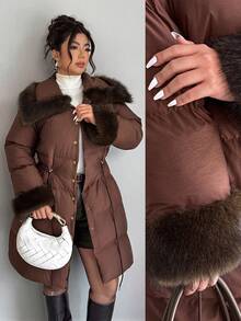 Elenzga Casaco Longo Acolchoado com Colarinho de Pele, Cintura com Cordão, Retalhos, Casual Plus Size, Outono/Inverno