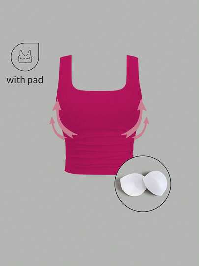 Sweetra Women's Casual Everyday Commute Simple Solid Square Neck Pleated Fitted Tank Top With Pad, Summer