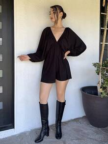 Andrea Bello Plunging Neck Lantern Sleeve Smock Dress - Black - View 4