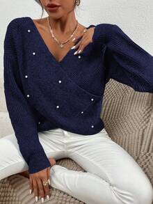 SHEIN Cottnline Crossed V-Neck Drop Shoulder Sweater With Pearl Detail - Navy Blue - View 4