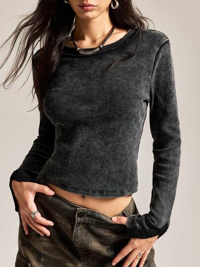 Easelle 复古游牧优雅圆领水洗开衩下摆修身女式上衣