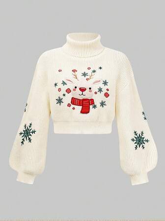 Women's Cute Reindeer & Snowflake Embroidered Sweater, Christmas