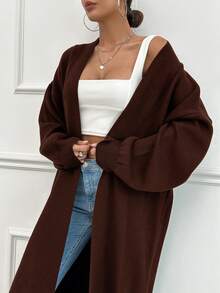 SHEIN Tall Dual Pocket Drop Shoulder Cardigan - Chocolate Brown - View 3