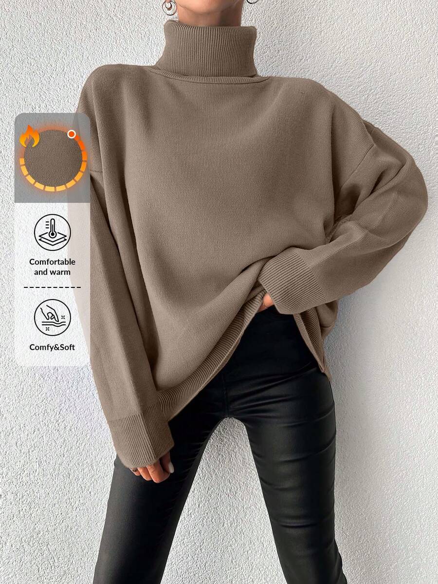 EURMUSE Ladies' Solid Color High Neck Rib Knit Drop Shoulder Sweater - Camel - View 1