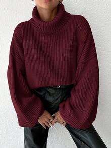 EURMUSE Women's Solid Color High Neck Drop Shoulder Long Sleeve Loose Casual Sweater, Autumn/Winter - Burgundy - View 5