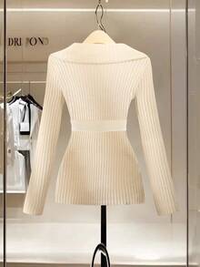 GlowEve V-Neck Ruffle Trim Fitted Elegant Sweater, Versatile Solid Color Soft & Comfortable Pullover For Women, Autumn/Winter