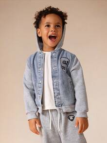 SUMWON Hooded Denim Jersey Mix Jacket With Ribbed Cuffs And Letter Print For Fall Winter Casual Layering