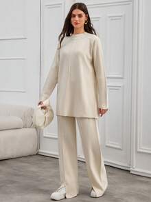 SHEIN Tall 1pc Women Solid Color Long Sleeve Top And Pants Co-Ord Set,Winter Clothes