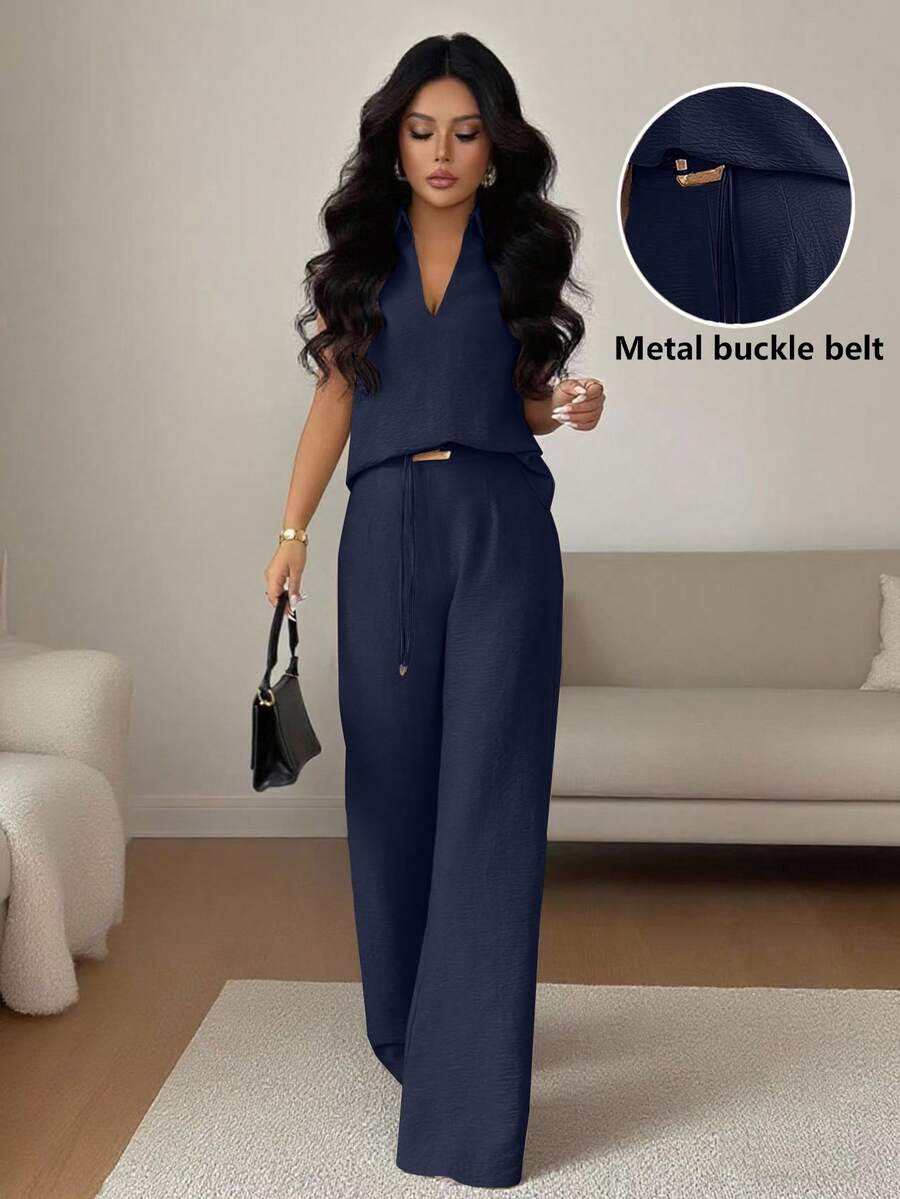 Rafferiza 2 pezzi/set Top casual da donna con scollo a V senza maniche e pantaloni a gamba dritta con cintura decorativa ampia, primavera/estate - Blu Navy - Visualizzare 1